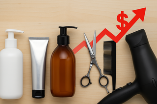 A horizontal banner showing professional salon tools including a black hairdryer, scissors, comb, and various haircare bottles, placed on a light wooden surface with a red upward arrow and dollar sign symbolizing rising prices due to tariffs.