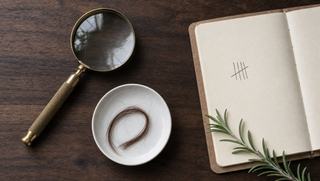 Flat-lay: brass magnifier, ceramic dish of strands, kraft notebook with tally