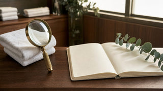 A brass magnifying glass, folded white towels and an open notebook on a wooden salon counter