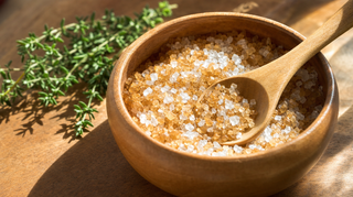 Wooden bowl of raw sugar and sea salt crystals with wooden spoon and fresh thyme