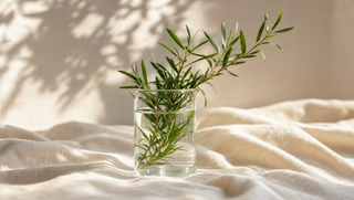 Tea-tree branch in clear glass beaker on cream cotton, dappled afternoon light