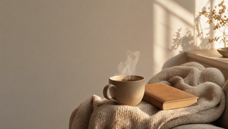 Stoneware mug of herbal tea on knit throw with leather paperback in afternoon light