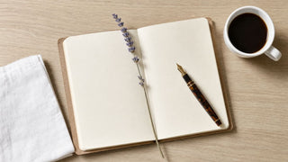 An open notebook with a fountain pen, a sprig of lavender and a cup of coffee on a wooden table