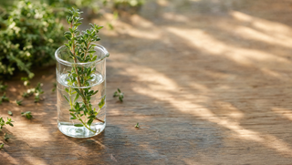 Thyme branch in glass beaker on aged honey wood with dappled morning light