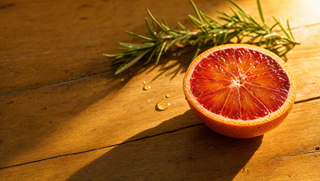 Halved blood orange in golden-hour sunlight on aged honey wood with rosemary