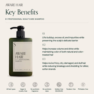 9·1 Scalp Care Shampoo key benefits: lifts buildup while preserving the scalp barrier, adds volume and shine, color-safe