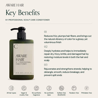 9·1 Scalp Care Conditioner key benefits: reduces frizz, deeply hydrates, helps detangle and reduce breakage