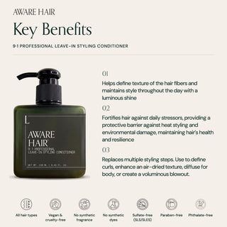 9·1 Leave-In Styling Conditioner key benefits: defines texture, guards against heat and daily stressors, replaces styling steps