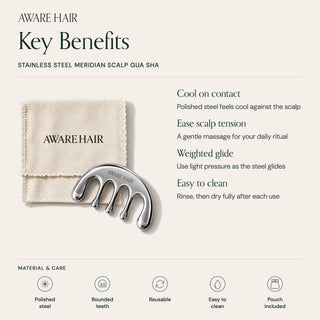 Stainless Steel Meridian Scalp Gua Sha on its pouch: cool on contact, eases scalp tension, easy to clean