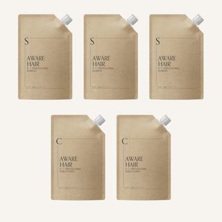 Five 9·1 refill pouches: three shampoo and two conditioner